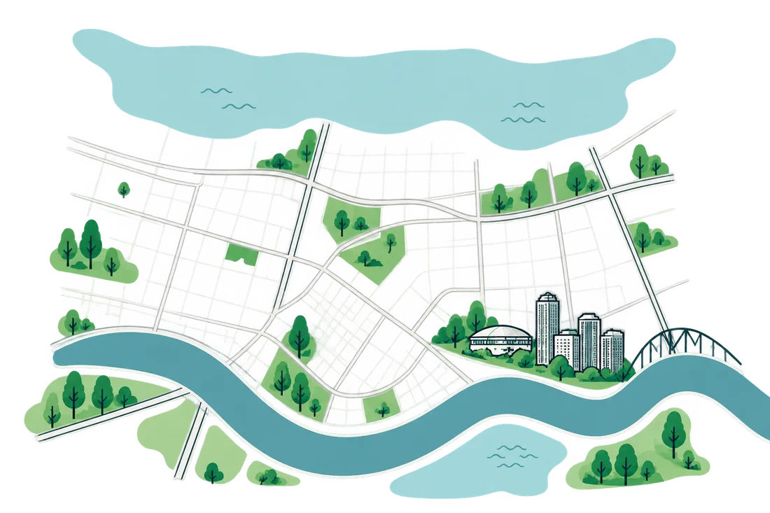 Illustration of the New Orleans area, its lake and river
