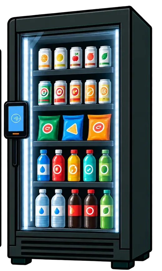 Black glass-door smart market machine with external card reader