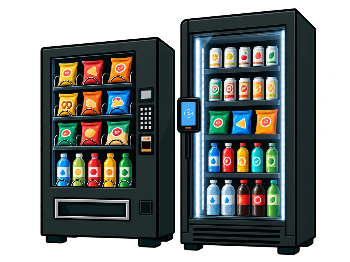 Illustrations of a traditional vending machine and a smart glass-door market
